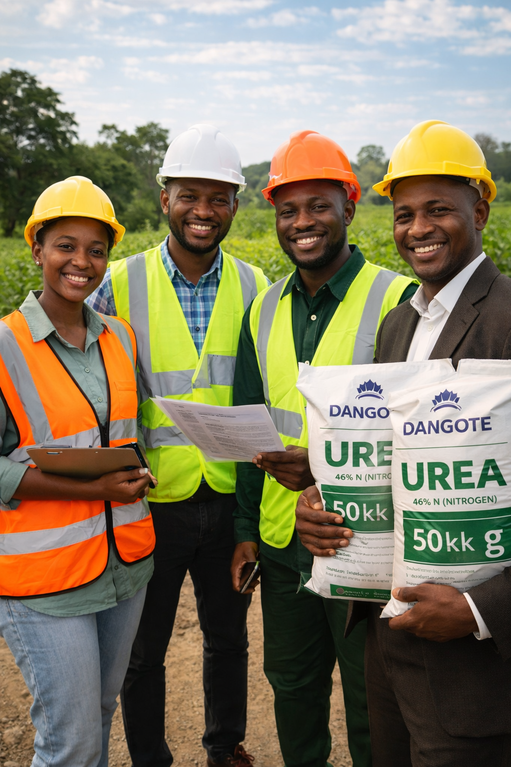 Comfy Odunayo representatives with Dangote Urea products