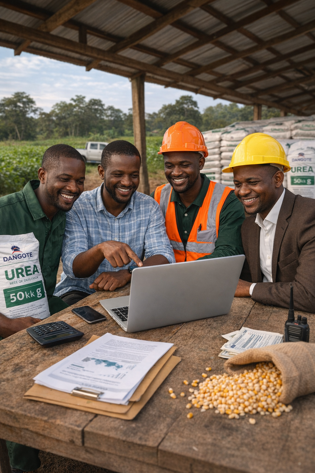 Commercial review meeting around a laptop in an agricultural supply setting
