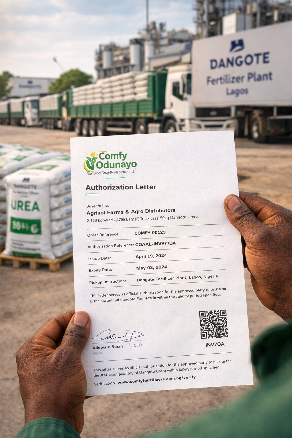 Comfy authorization letter shown in front of the plant and trucks